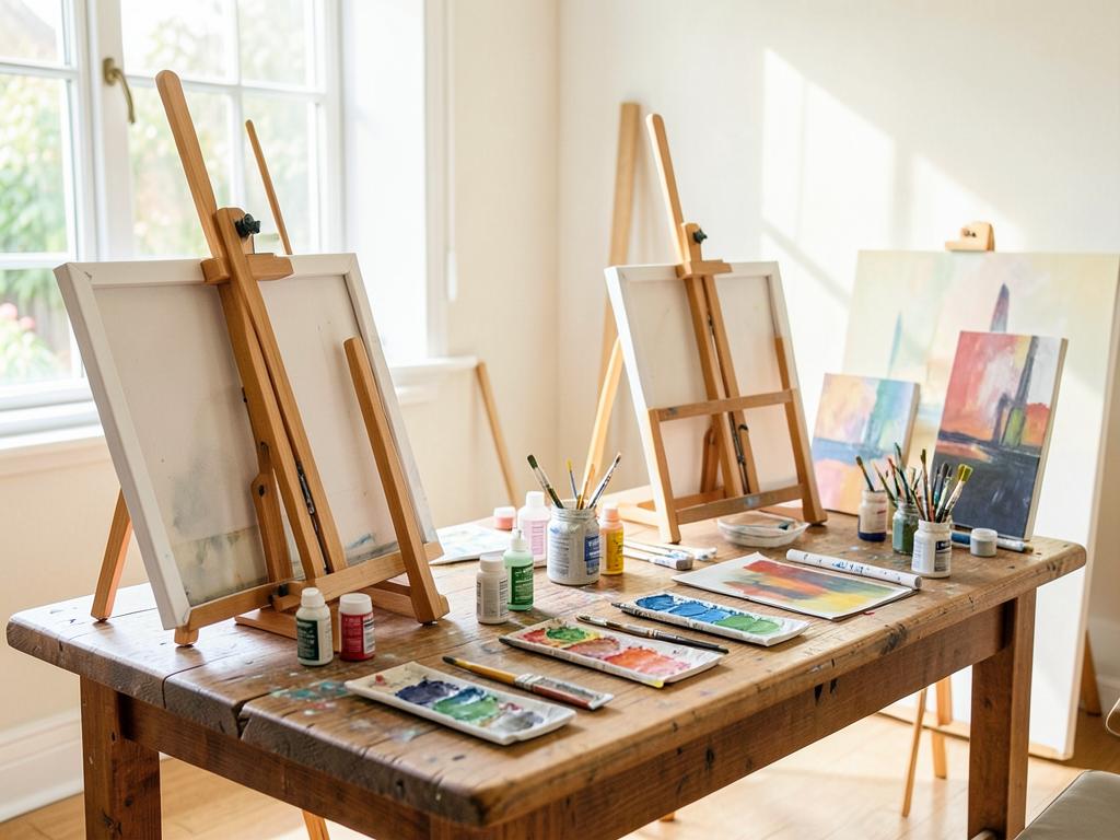 Ateliê de arteterapia com cavaletes, tintas e pincéis