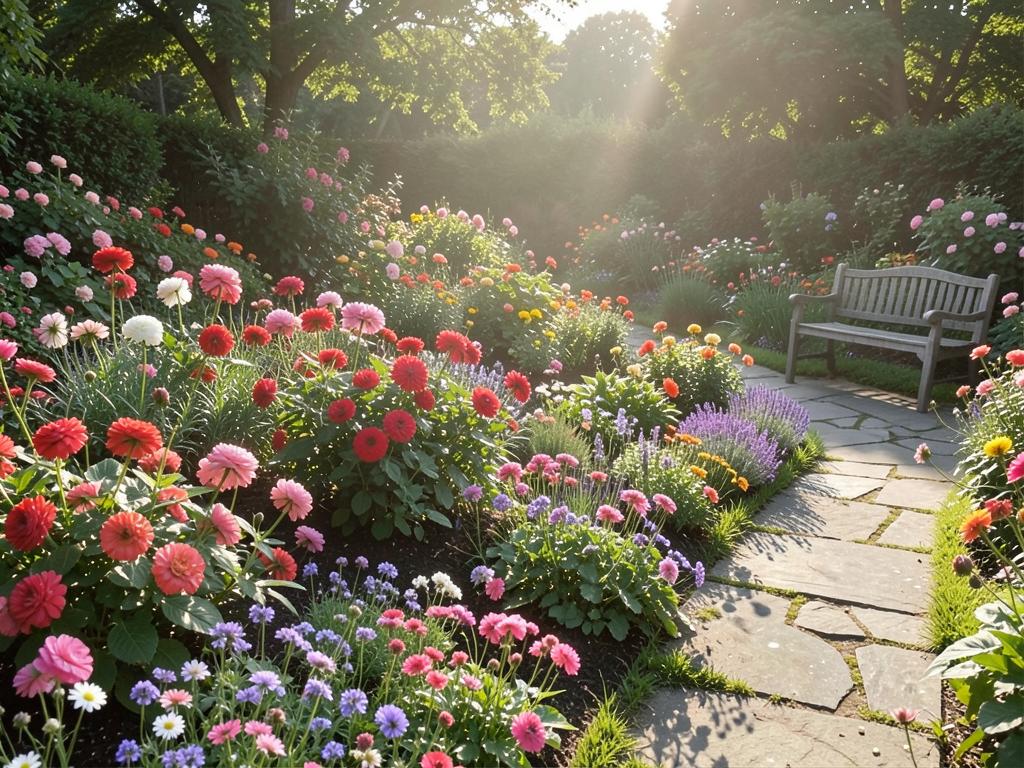 Jardim florido com canteiros coloridos e banco ao sol