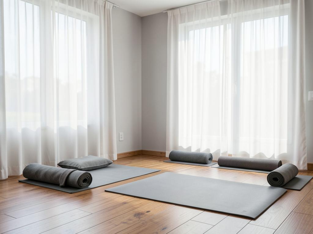 Sala de yoga e meditação com tapetes e cortinas claras