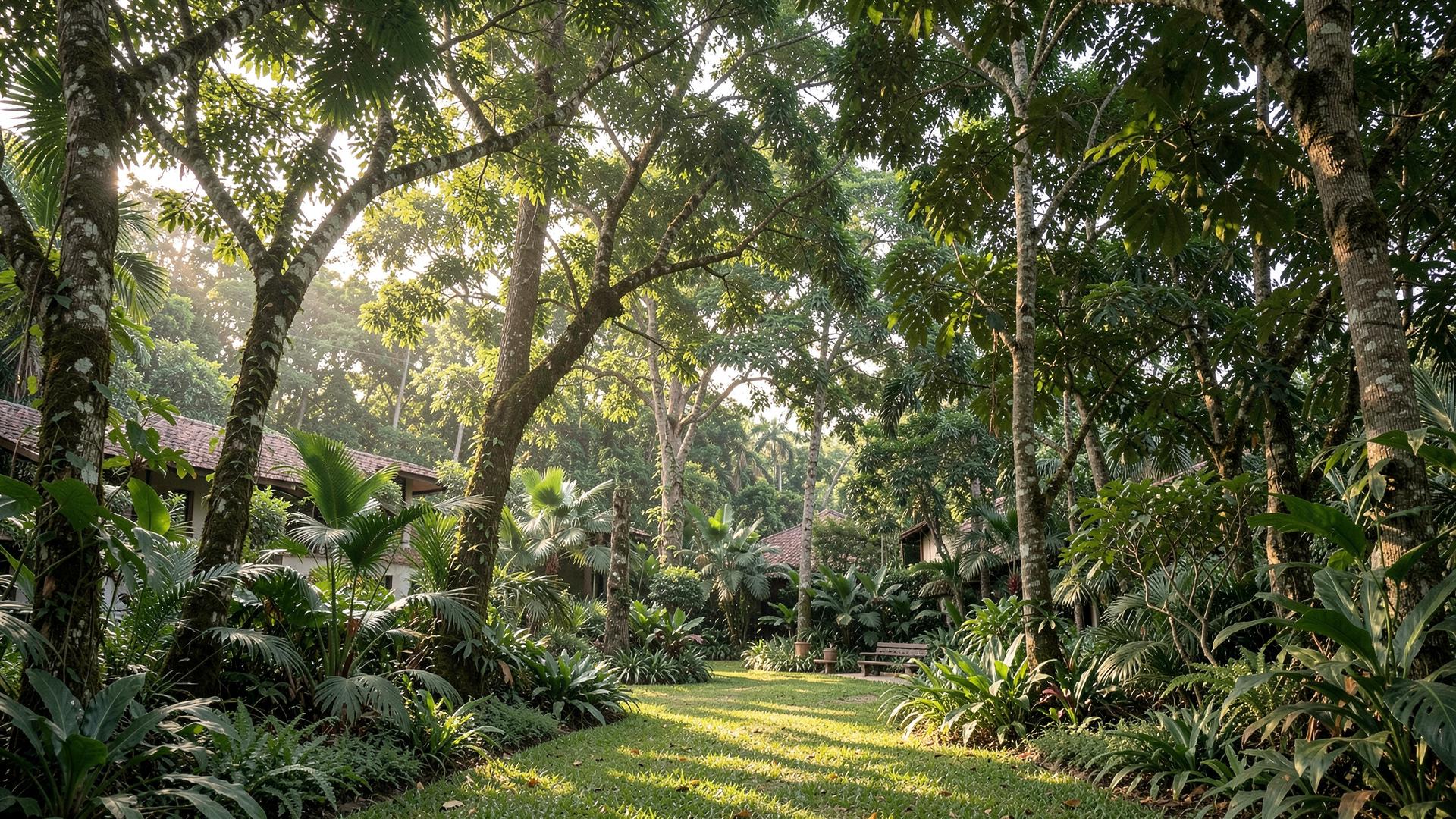 Jardim arborizado com árvores e caminho gramado em unidade de tratamento do Projeto Sião