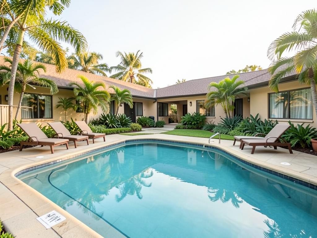 Piscina externa com espreguiçadeiras na unidade masculina