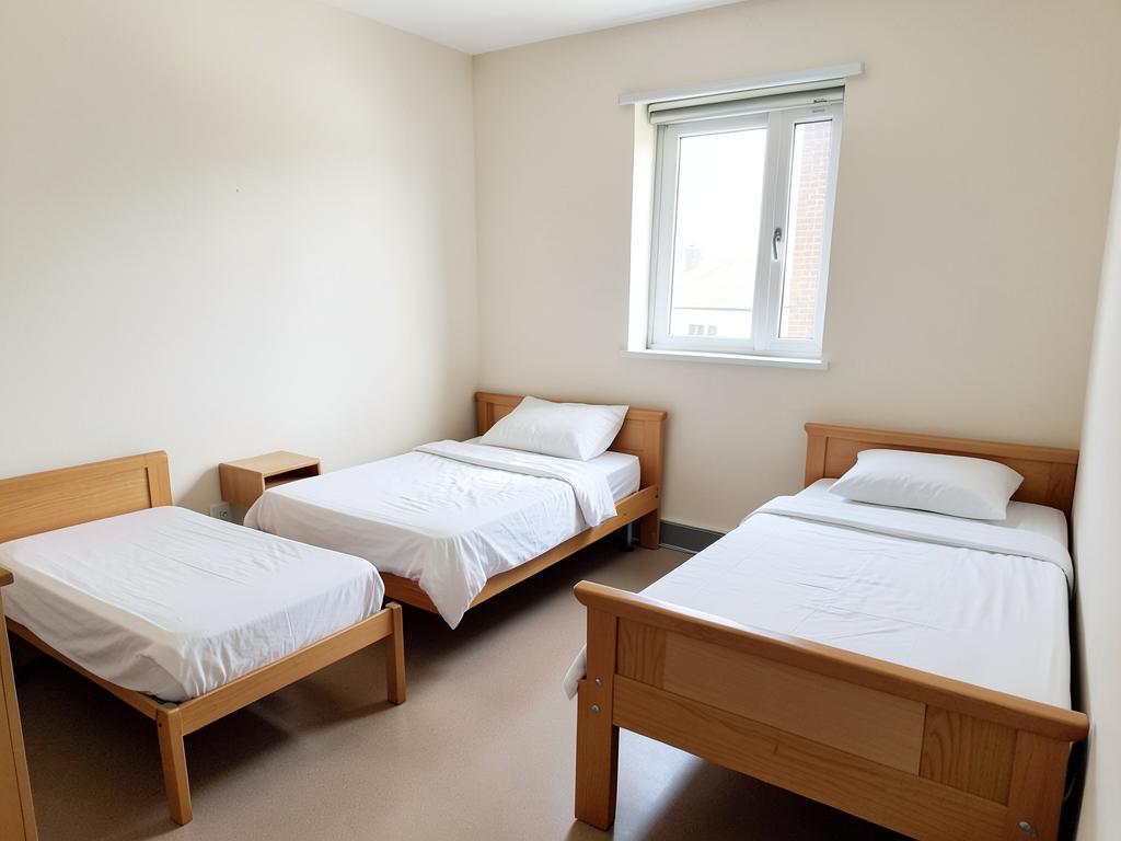 Quarto compartilhado com camas individuais e roupa de cama branca